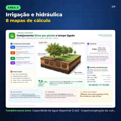 Área 3, Irrigação e hidráulica, 8 mapas de cálculo: exemplo Gotejamento: litros por planta e tempo ligado