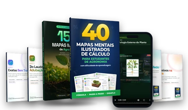 Os 40 Mapas Mentais Ilustrados de Cálculo, os 150 Mapas Mentais de Agronomia, o app de videoaulas e os bônus juntos